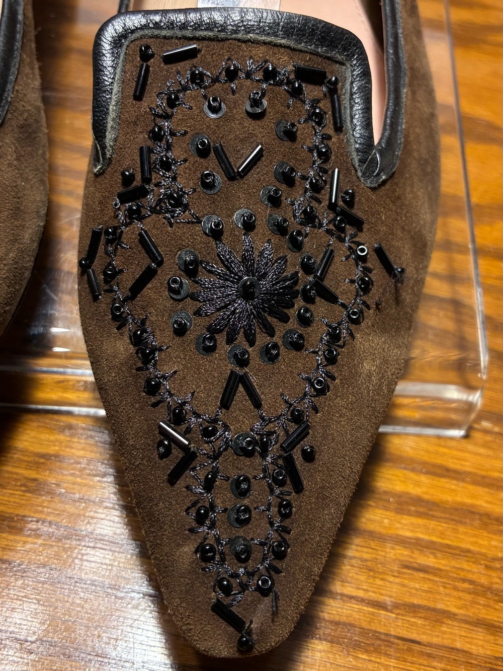Y2K VTG Oscar de la Renta Oscar Beaded Suede Smoking Loafers Brown Black Size 9 - Picture 10 of 11